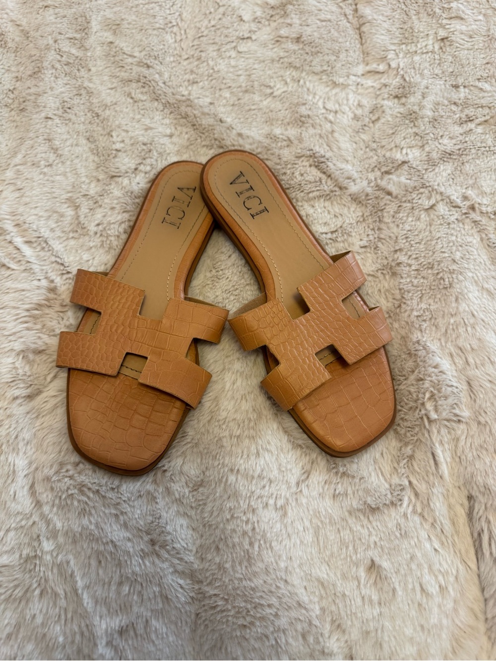 VICI Croc-Embossed Tan Slide Sandals